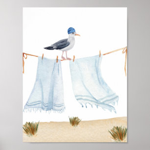 Nautical Beach Seagull With A Hat Laundry Nursery Poster