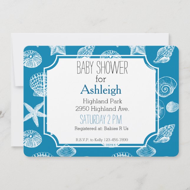 Nautical Beach Shells Aqua White baby shower Invitation (Front)