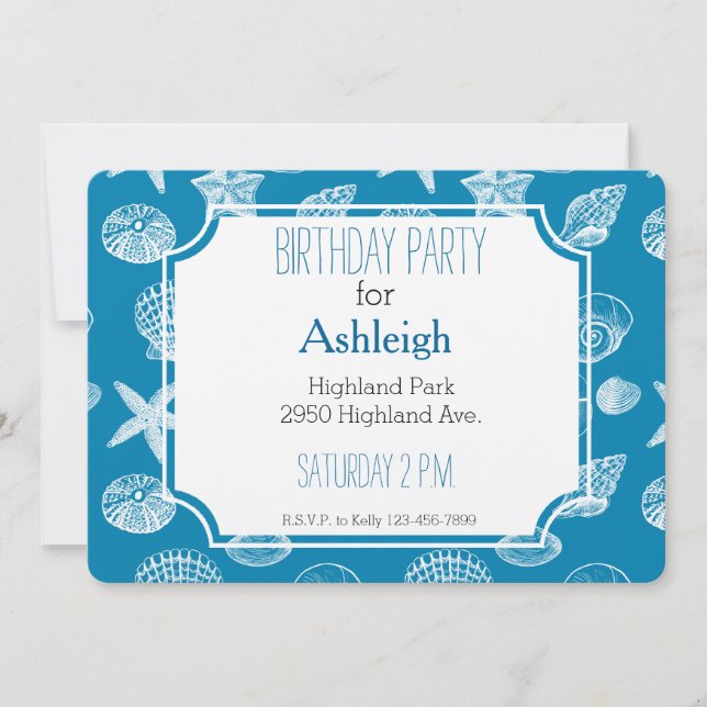 Nautical Beach Shells Aqua White birthday Invitation (Front)