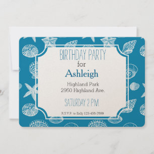 Nautical Beach Shells Aqua White birthday Invitation