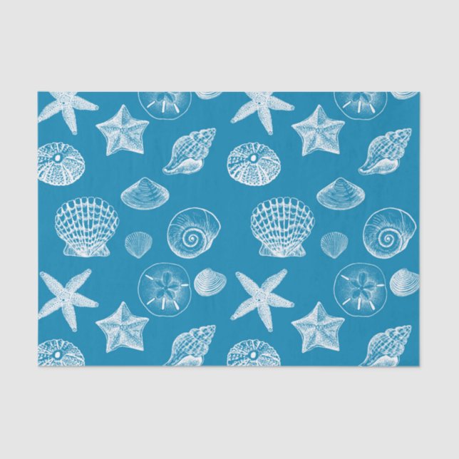 Nautical Beach Shells Aqua White Tissue Paper (Front)