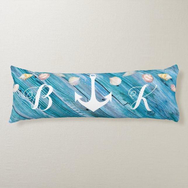Nautical Beach Shells Monogrammed Blue Wood Body P Body Pillow (Front)