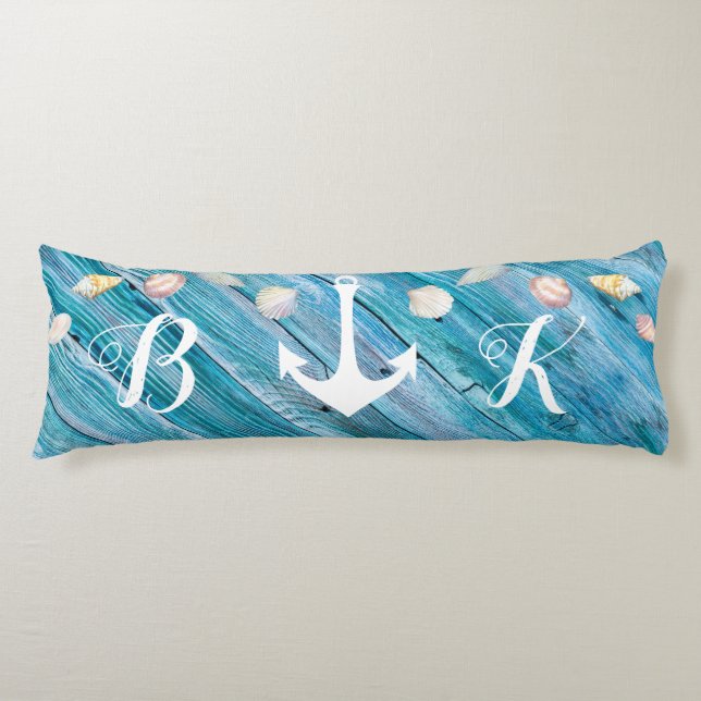 Nautical Beach Shells Monogrammed Blue Wood Body P Pillow (Front)