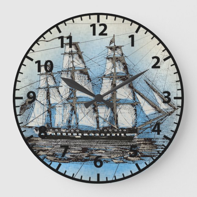 Nautical Beach Ship Sailboat Naval Large Clock (Front)