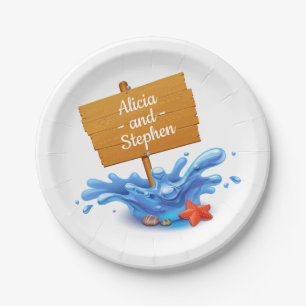 Nautical Beach Sign Waves Blue  Wedding Party Paper Plates