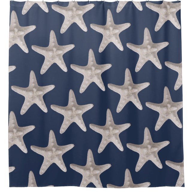 Nautical Beach Starfish Navy Blue Shower Curtain (Front)