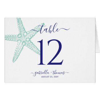 Nautical Beach Starfish Teal Blue Table Number by PaperGrapeTravel at Zazzle