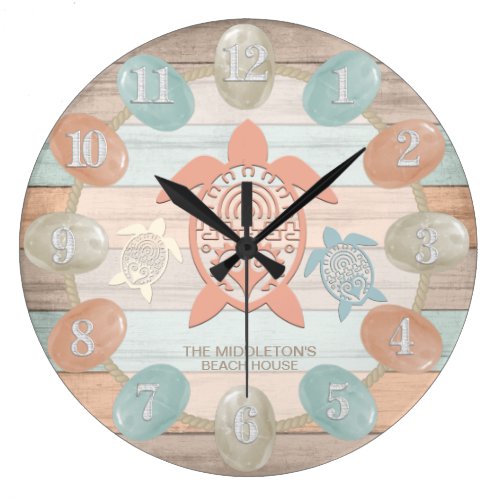 Nautical Beach Stripes, Sea Glass, Turtle Large Clock