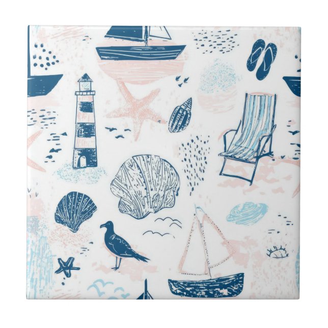 Nautical Beach Summer Blue Pink Coastal (1) Ceramic Tile (Front)