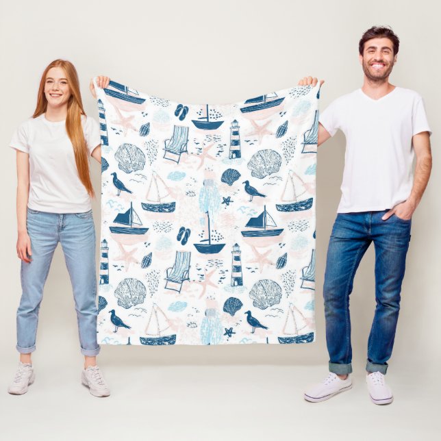 Nautical Beach Summer Blue Pink Coastal (1) Fleece Blanket (In Situ)