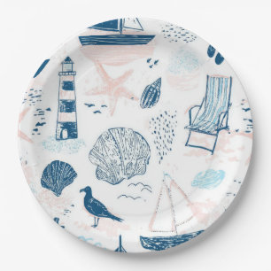 Nautical Beach Summer Blue Pink Coastal (1) Paper Plates