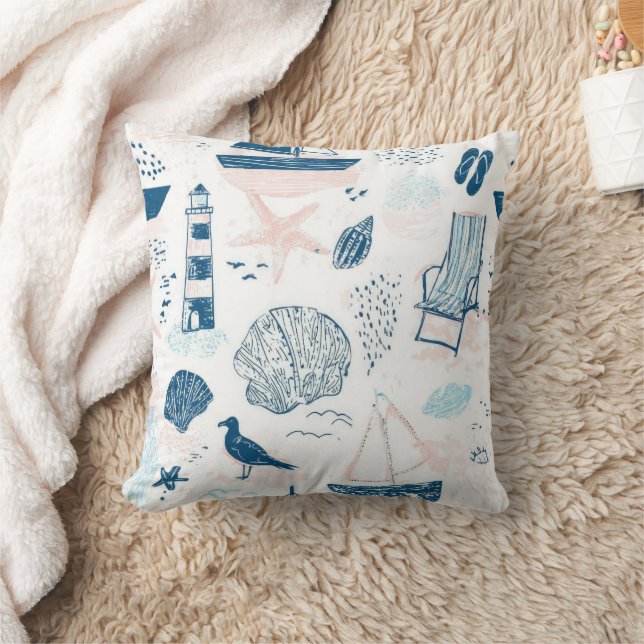 Nautical Beach Summer Blue Pink Coastal (1) Throw Pillow (Blanket)