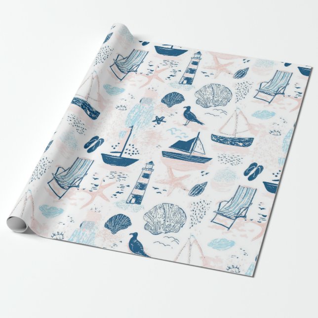 Nautical Beach Summer Blue Pink Coastal (1) Wrapping Paper (Unrolled)