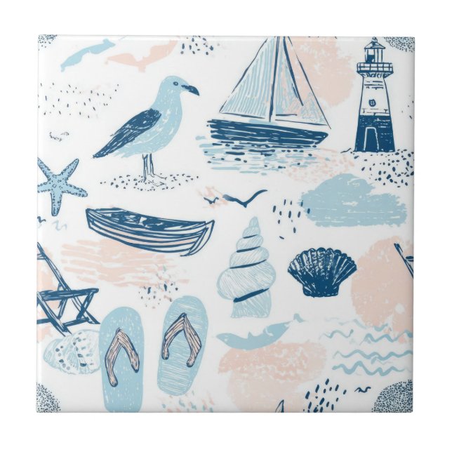 Nautical Beach Summer Blue Pink Coastal (2) Ceramic Tile (Front)