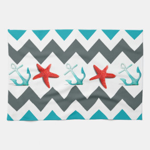 Nautical Beach Theme Chevron Anchors Starfish Kitchen Towel