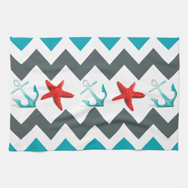 Nautical Beach Theme Chevron Anchors Starfish Kitchen Towel (Horizontal)