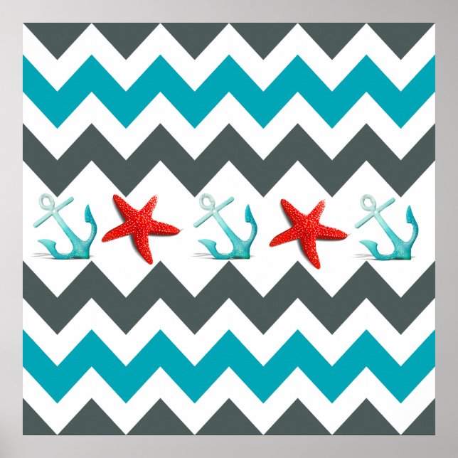 Nautical Beach Theme Chevron Anchors Starfish Poster (Front)