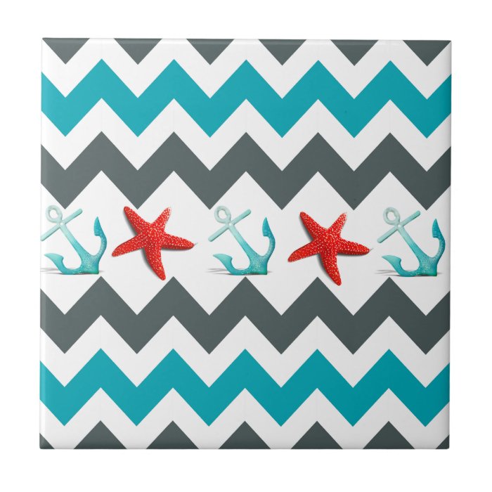 Nautical Beach Theme Chevron Anchors Starfish Tile