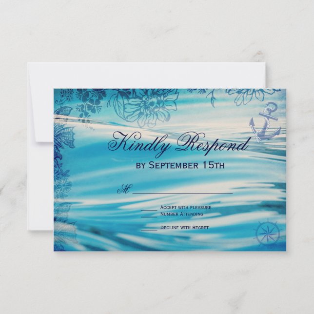 Nautical Beach Theme Ocean Blue Wedding RSVP Cards (Front)