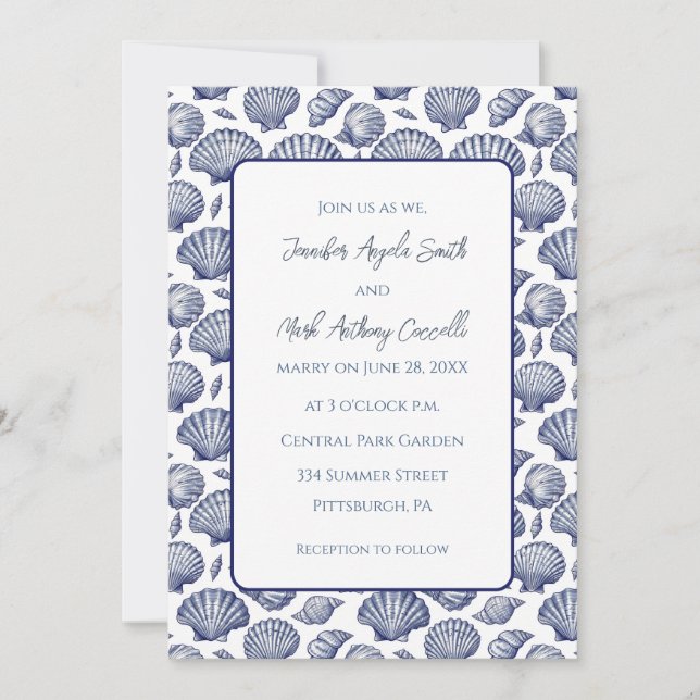 Nautical Beach Theme Wedding Invitation Seashells (Front)