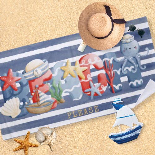 Nautical Beach Watercolor Alphabet Illustration Beach Towel