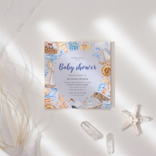 Nautical Beach Watercolor Illustration Baby Shower Invitation