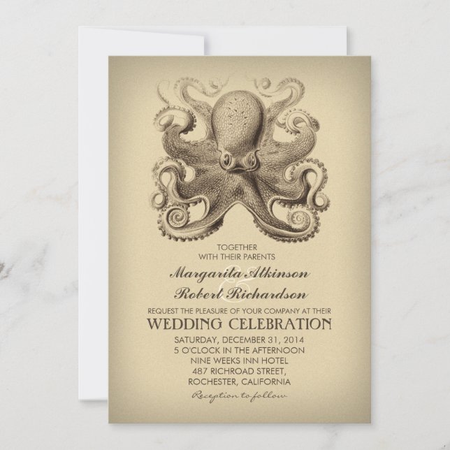 nautical beach wedding invitation with octopus (Front)