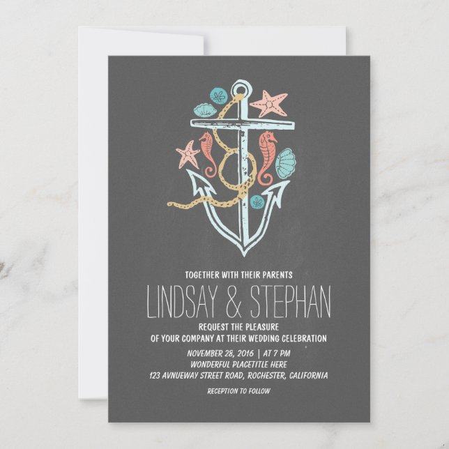 Nautical beach wedding invitations - chalkboard (Front)