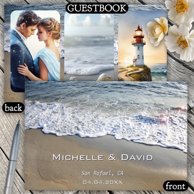 Nautical Beach Wedding Photo Guest Book (A pretty wedding guest book featuring waves crashing on the beach with custom photos on the back)