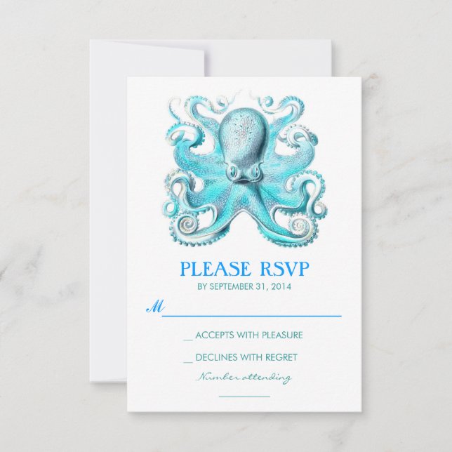 nautical beach wedding RSVP card with octopus (Front)