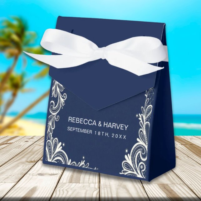 nautical beach white lace navy blue wedding favor boxes (nautical beach white lace navy blue wedding favor boxes)