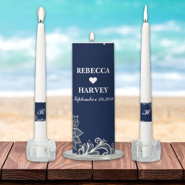 nautical beach white lace navy blue wedding unity candle set (nautical beach white lace navy blue wedding unity candle set)