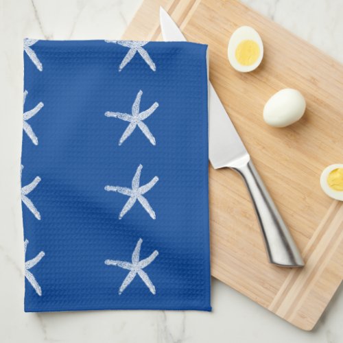 Nautical Beach White Starfish Patterns Deep Blue Kitchen Towel
