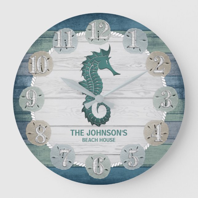 Nautical Beach Wood and Seahorse - Dark Blue Teal Large Clock (Front)