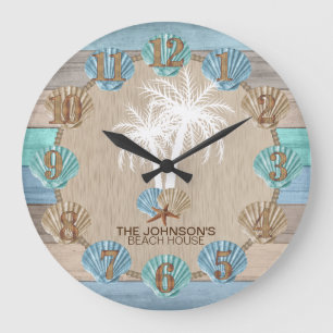 Nautical Beach Wood Design with Palm Tree Large Clock