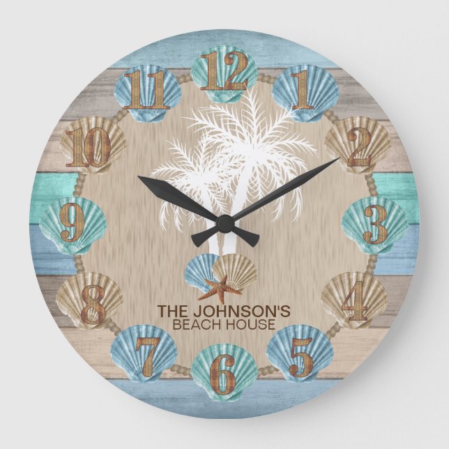 Nautical Beach Wood Design with Palm Tree Large Clock (Front)