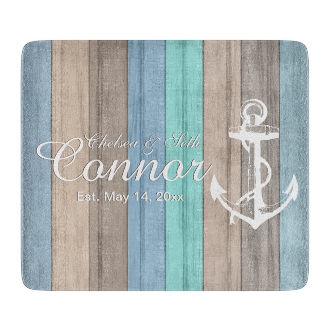 Nautical Beach Wood Stripes & Anchor Cutting Board (Front)