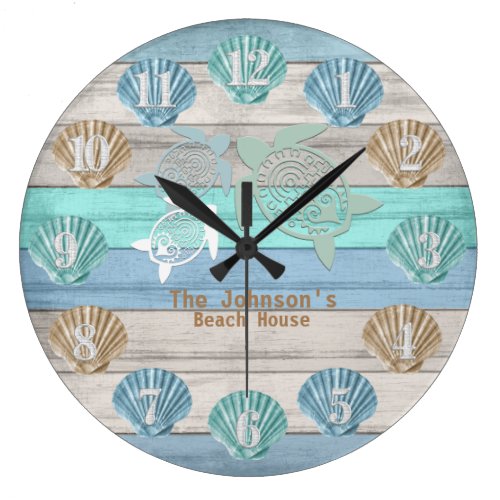 Nautical Beach Wood with Turtles &amp; Shells Large Clock