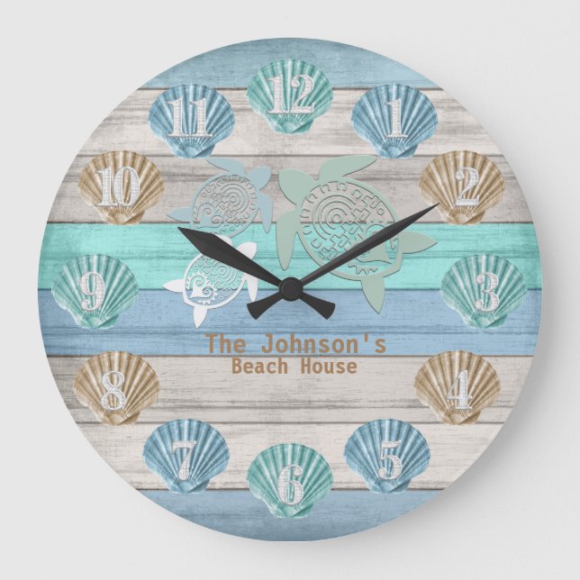 Nautical Beach Wood with Turtles & Shells Large Clock (Front)