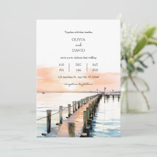 Nautical Beachside Orange Sky Sunset Pier Wedding Invitation