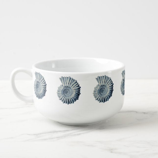 Nautical Beachy Blue Spiral Seashells Soup Mug (Right)