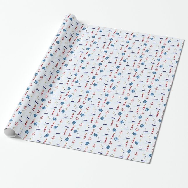 Nautical Beachy Lighthouse and Starfish Gift Wrap (Unrolled)