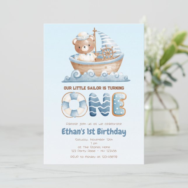 Nautical Bear 1st Birthday Invitation - Blue Boat (Standing Front)