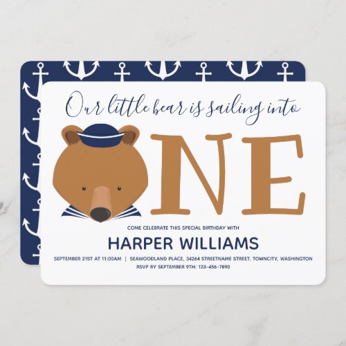 Nautical Bear Animal First Birthday Invitation