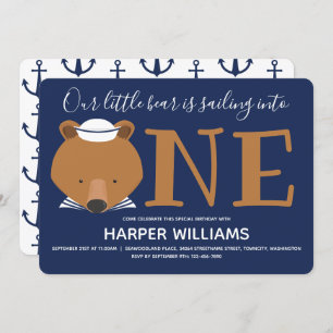 Nautical Bear Animal First Birthday Invitation