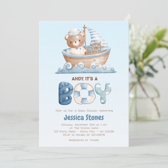 Nautical Bear Boy Baby Shower Invitations (Standing Front)