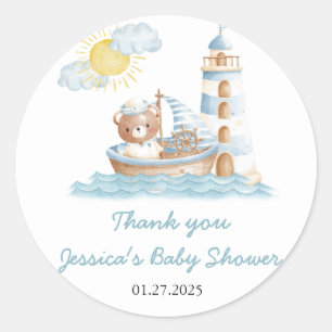 Nautical Bear Watercolor Boat Baby Shower Classic Round Sticker