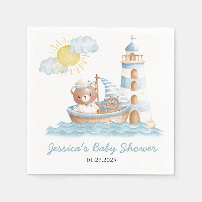 Nautical Bear Watercolor Boat Baby Shower  Napkins (Front)