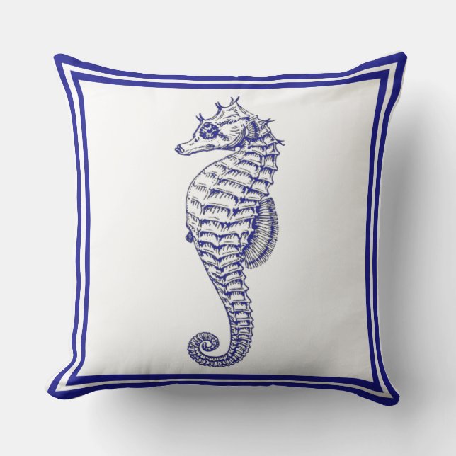Nautical Beautiful Trendy blue Seahorse Outdoor Pillow (Front)