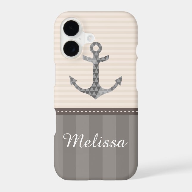 Nautical Beige and Brown Anchor Custom Name Case-Mate iPhone Case (Back)
